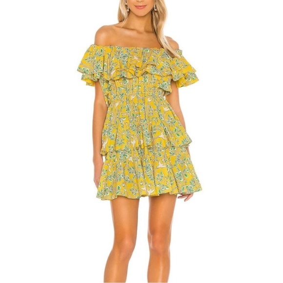 Rhode Dotty Off-the-Shoulder Yellow Green Floral Tiered Ruffle Eden Dress Size M - Picture 1 of 16